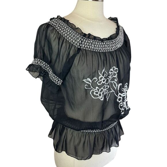 ❄️3/$20 PLANET GOLD Floral Embroidered Semi-Sheer Smocked Peplum Blouse, Large - Picture 2 of 6